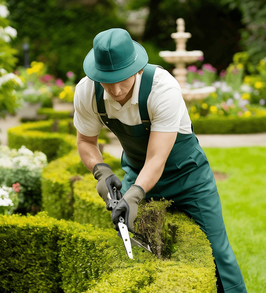 Forest Green Property Care team member trimming hedges